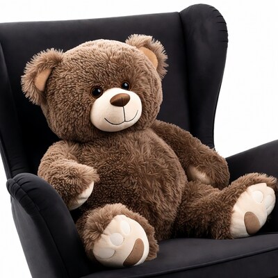 Large brown teddy bear in armchair