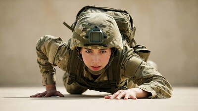 Female soldier in camouflage doing push-up