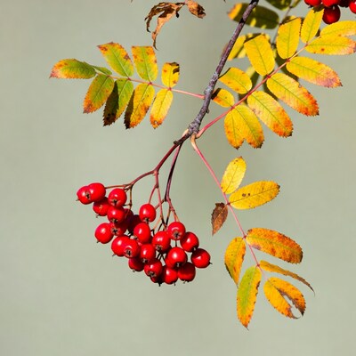 Red mountain ash berries with autumn leaves