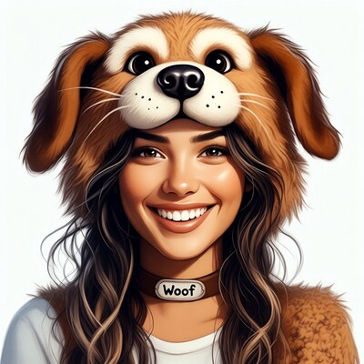 Woman wearing dog mask smiling