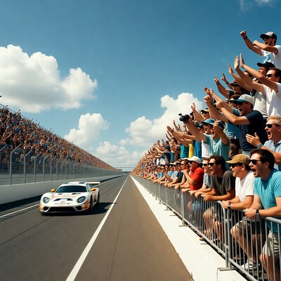 White Porsche racing past cheering crowd