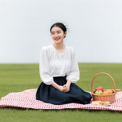 Asian woman picnic basket grass
