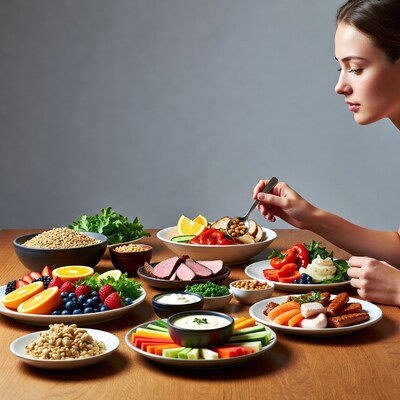 Woman eating from healthy food spread