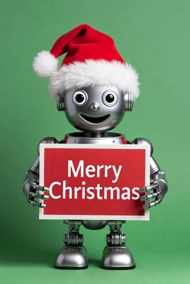 Robot holding Merry Christmas sign