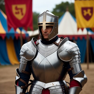 Knight in full armor with medieval tents