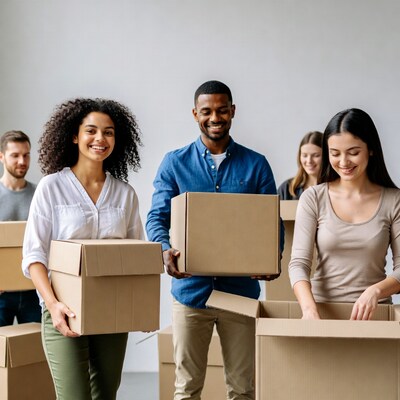 Diverse group carrying moving boxes