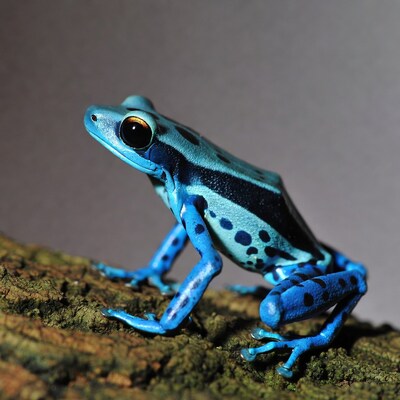 Blue poison dart frog on mossy branch