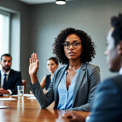 African-American woman raising hand in meeting