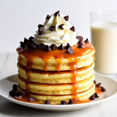 Pancakes with caramel chocolate chips whipped cream