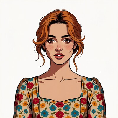 Redhead woman in floral dress illustration