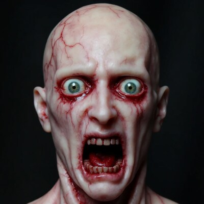 Bald zombie screaming with green eyes