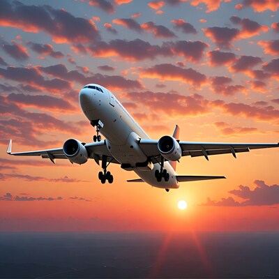 Airplane flying at sunset