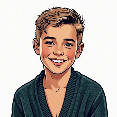 Smiling boy illustration in green cardigan