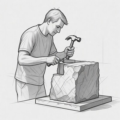 Man chiseling stone with hammer