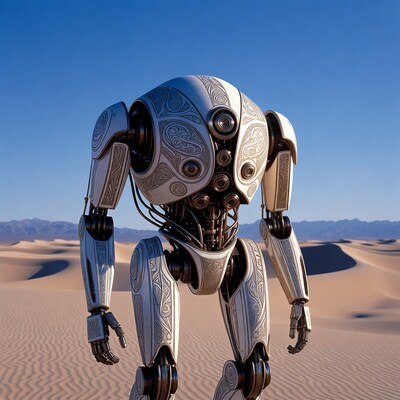 White robot standing in desert