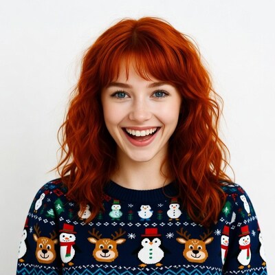 Redhead woman smiling in reindeer Christmas sweater
