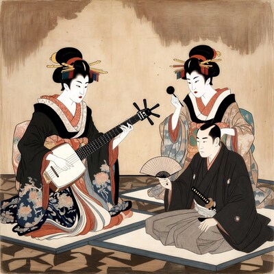 Geisha playing shamisen to samurai