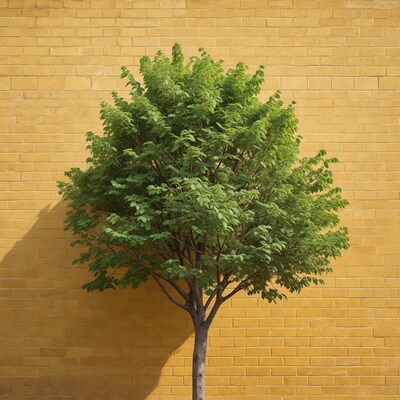 Green tree against yellow brick wall