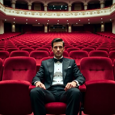 Man in tuxedo sitting in red theater seats