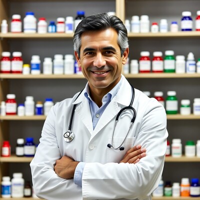 Smiling male doctor with arms crossed in pharmacy