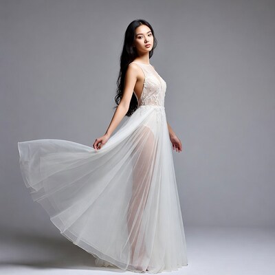 Asian woman in flowing white lace gown