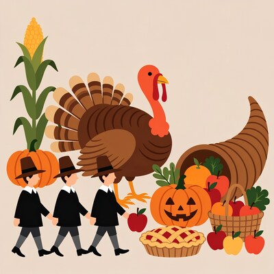 Pilgrim Boys Turkey Thanksgiving Illustration