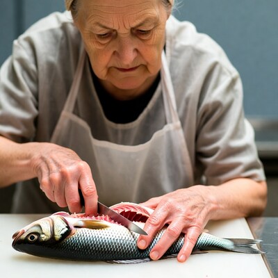 Elderly woman filleting fish
