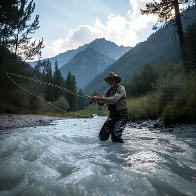 Man fly fishing in mountain river