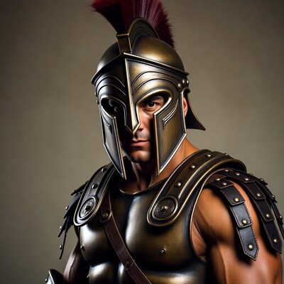 Muscular warrior in plumed helmet