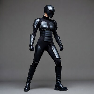 Woman in black futuristic armor suit