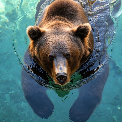 Grizzly bear swimming in turquoise water