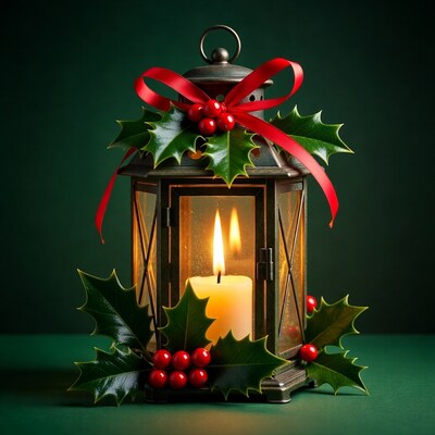 Christmas Lantern with Holly and Candle