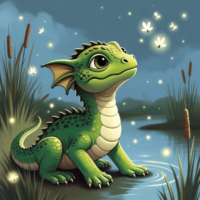 Cute baby dragon with fireflies
