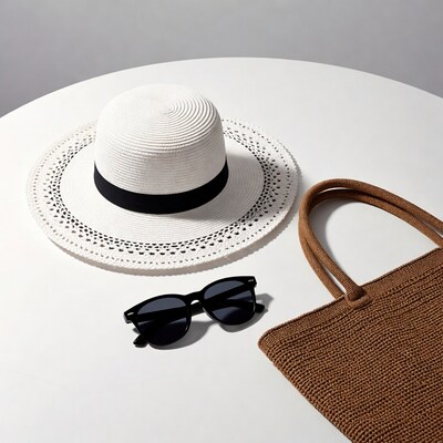 White straw hat sunglasses tote bag