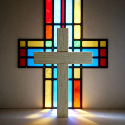 Wooden Cross Before Stained Glass Window