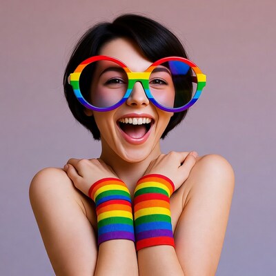 Asian woman in rainbow glasses laughing