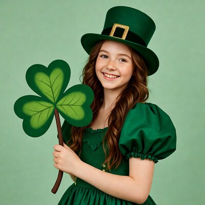 Girl in green leprechaun hat holding shamrock