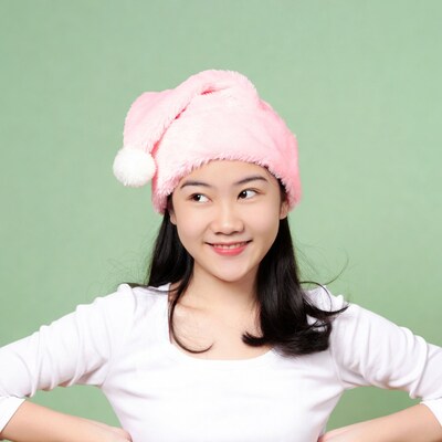 Asian girl in pink Santa hat