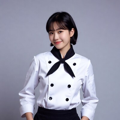 Asian woman in white chef uniform
