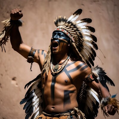 Indigenous man shouting in war bonnet
