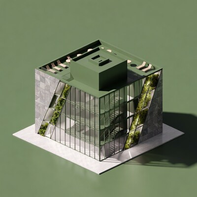 Green modern building with rooftop terrace