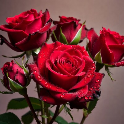 Red Roses with Dew Drops