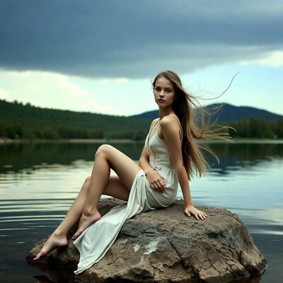 Young woman in white dress on lakeside rock