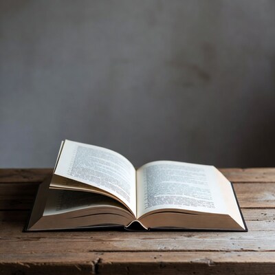 Open book on wooden table