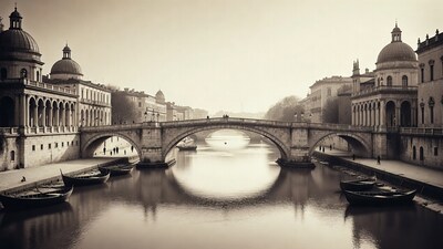 Stone Bridge over River in Sepia