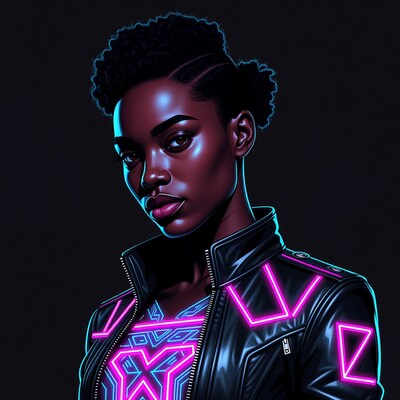 African-American woman in neon leather jacket