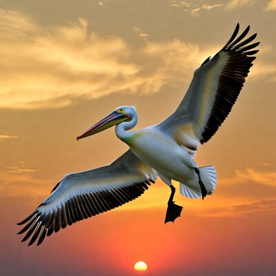 Pelican flying over sunset sky