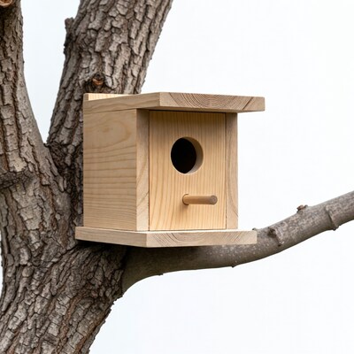 Wooden birdhouse on tree branch