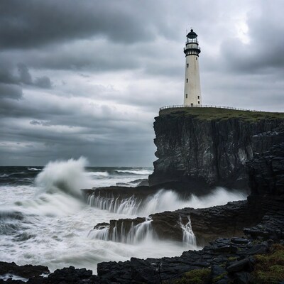 Lighthouse on Cliff in Stormy Waves