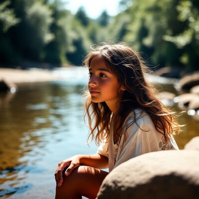 Girl sitting by riverside rocks
